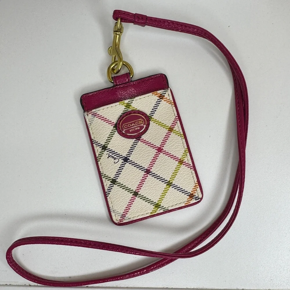 Coach Peyton Tattersall ID Lanyard with Pink Fuchsia Patent Leather